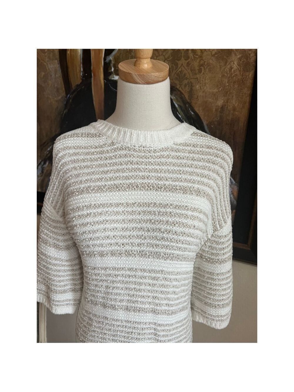 NWT Barefoot Dreams Striped Crew Neck Sweater M White Beige